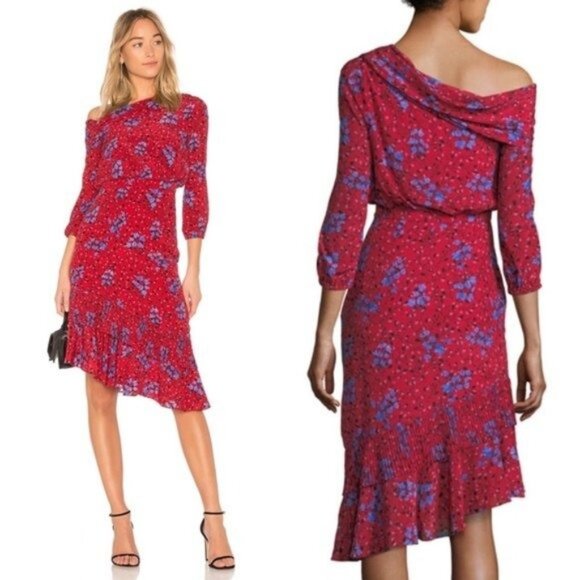 Saloni Lexie Silk Midi Dress in Scarlet Posey Size 2